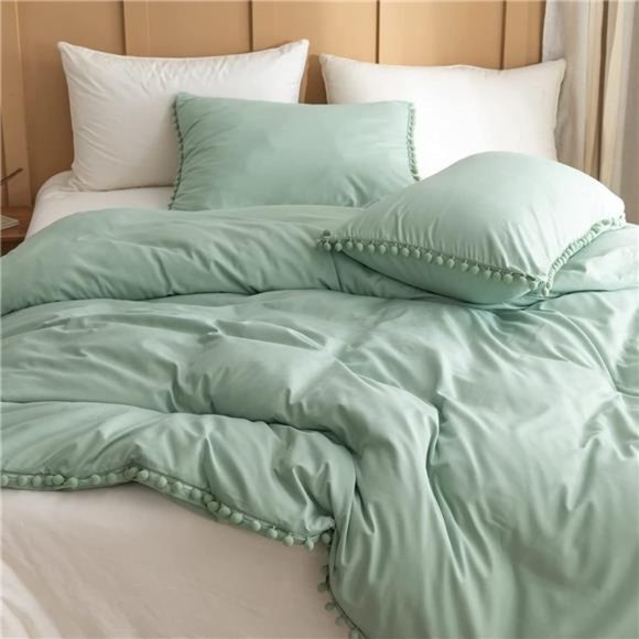 Sage Green Queen Comforter Set Ball Pom Fringe Design 3pcs, Aesthetic - Picture 5 of 6